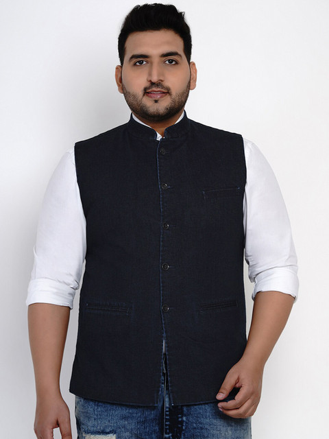 

John Pride Men Navy Blue Solid Nehru Jacket