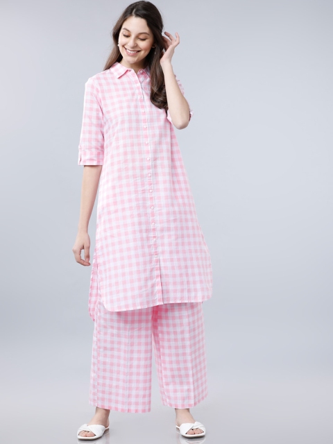 

Vishudh Women Pink & White Checked Kurta with Palazzos