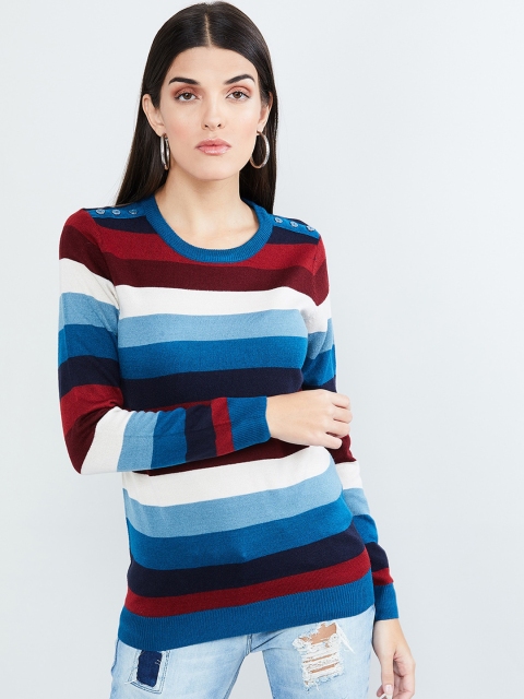 max Women Blue Striped Pullover Sweater
