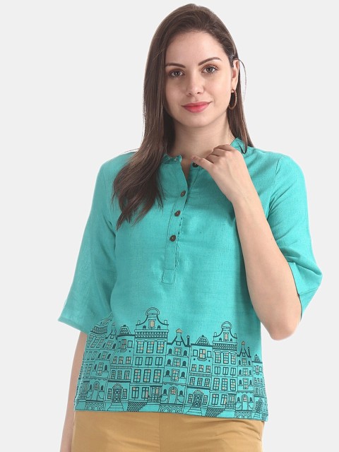 

Bronz Women Sea Green Printed Shirt Style Top