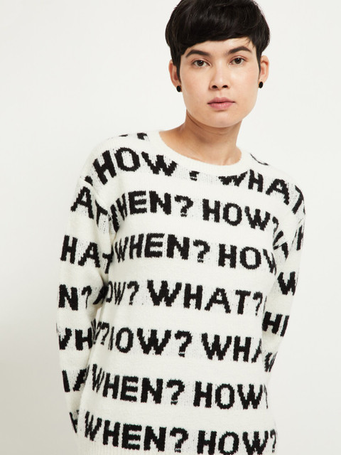 

max Women Off-White & Black Printed Pullover Sweater