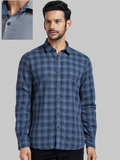 

Parx Men Blue & Grey Slim Fit Checked Reversible Casual Shirt