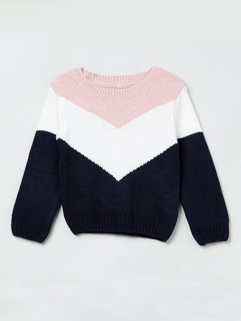 

max Girls Navy Blue & White Colourblocked Pullover Sweater