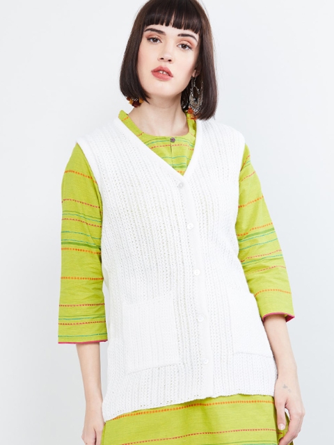 max Women White Self-Design Cardigan Sweater