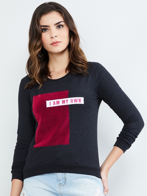 

max Women Grey Melange & Maroon Printed Sweatshirt