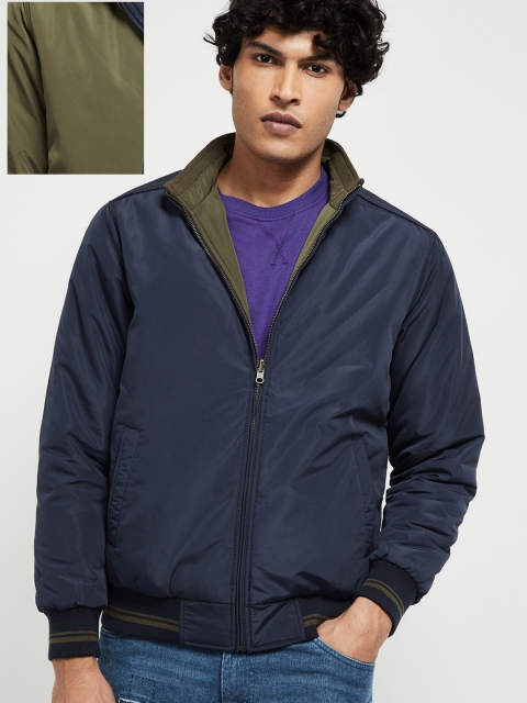 

max Men Navy Blue Solid Reversible Bomber