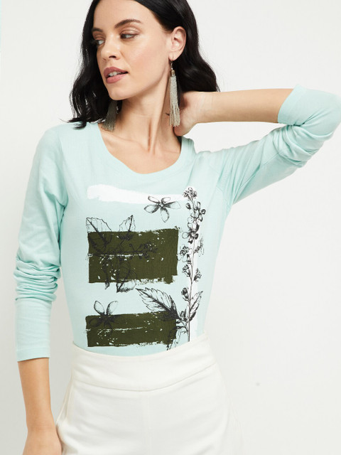

max Women Green Printed Round Neck T-shirt
