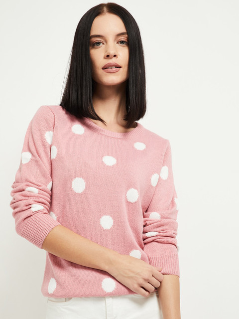 

max Women Pink Polka Dot Printed Pullover Sweater
