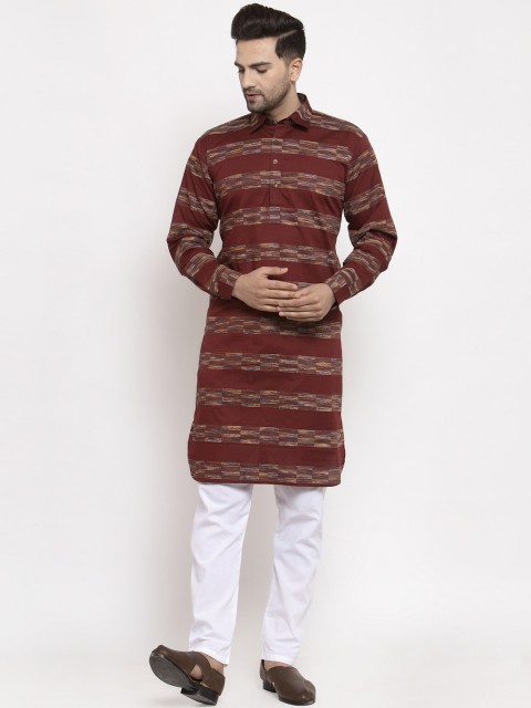 

Jompers Men Brown & White Self Design Kurta with Pyjamas