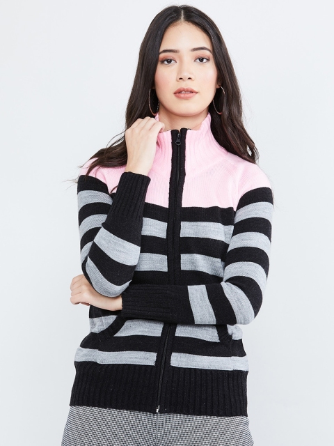 

max Women Black & Grey Striped Cardigan