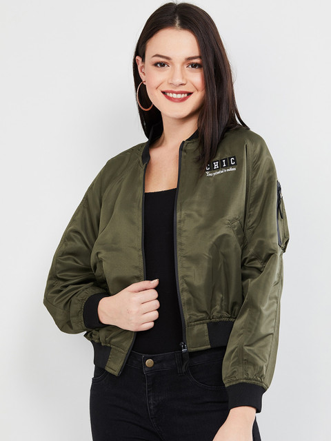 

max Women Olive Green Printed Bomber