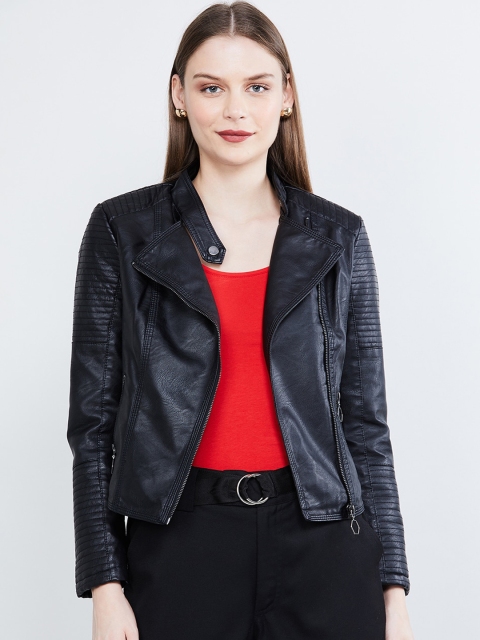 

max Women Black Solid Biker Jacket