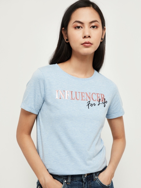 

max Women Blue Printed Round Neck Cotton T-shirt