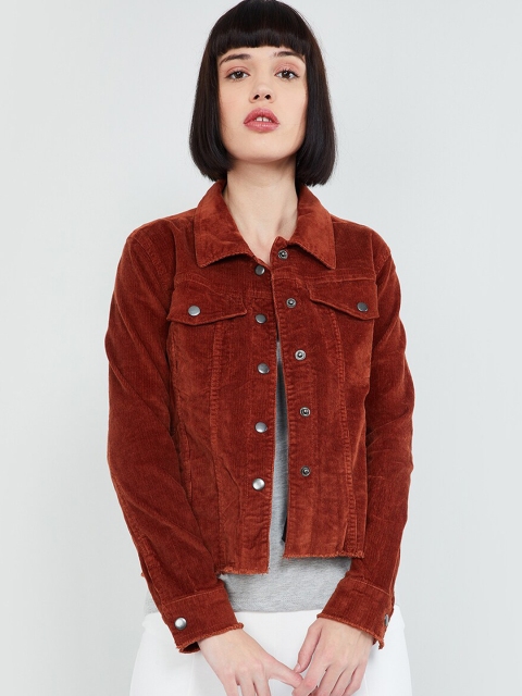 

max Women Brown Self Design Denim Jacket