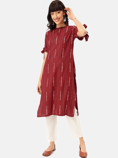 

Saaki Women Maroon & Grey Striped Straight Kurta