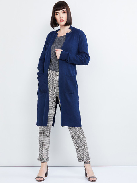 

max Women Navy Blue Solid Longline Cardigan