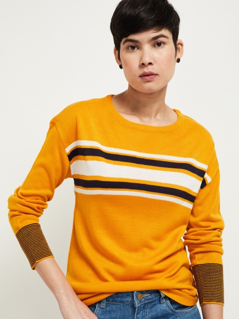 max Women Yellow & White Striped Pullover Sweater