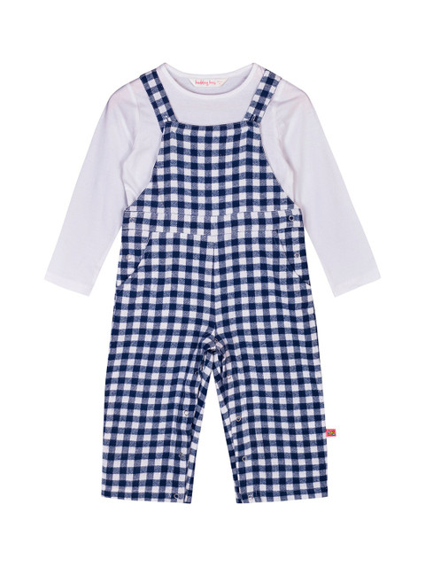 

Budding Bees Girls White & Blue Solid Top with Checked Dungarees