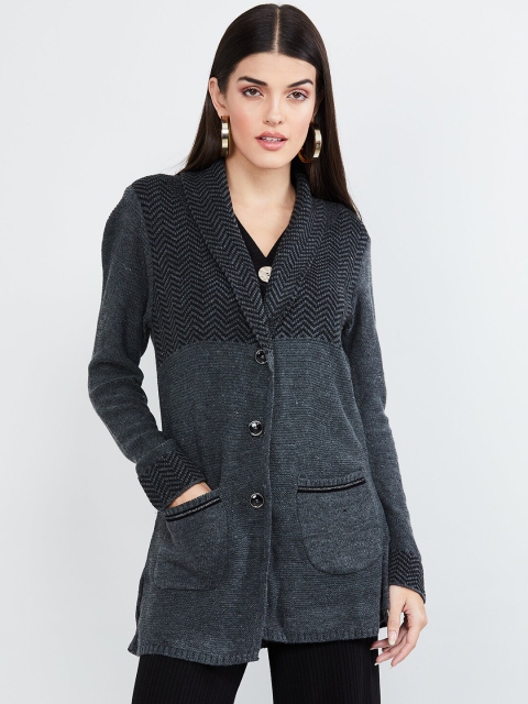 

max Women Grey Chevron Patterned Cardigan Sweater