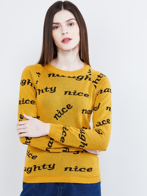 max Women Mustard Yellow & Black Cotton Self-Design Pullover Sweater