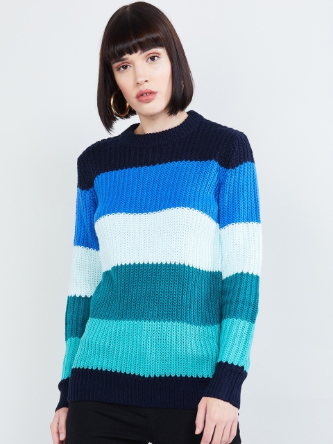 

max Women Navy Blue Striped Pullover Sweater