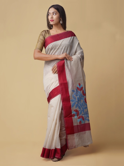 

Unnati Silks Cream-Coloured & Pink Silk Cotton Printed Banarasi Saree
