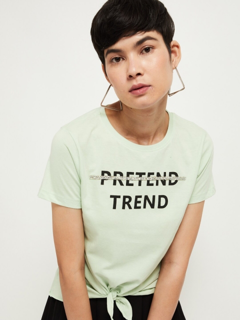 

max Women Green Printed Round Neck Pure Cotton T-shirt