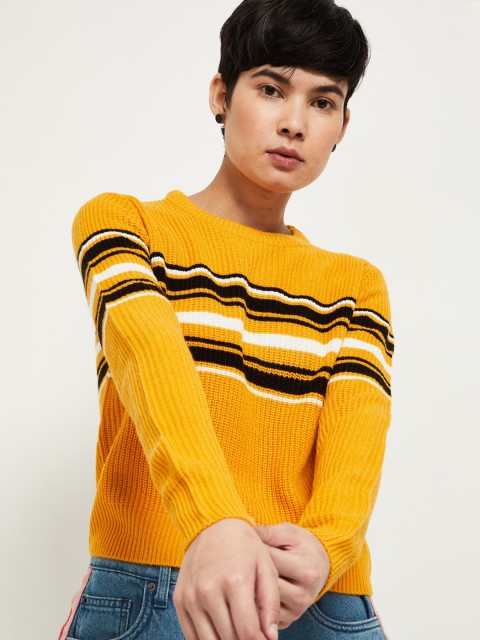 

max Women Yellow & Black Striped Pullover Sweater