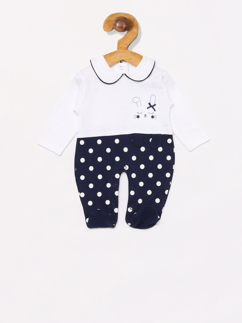 

BABY GO Girls Navy Blue & White Printed Organic Cotton Romper