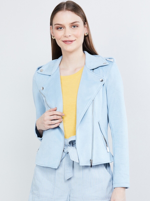 

max Women Blue Solid Open Front Jacket