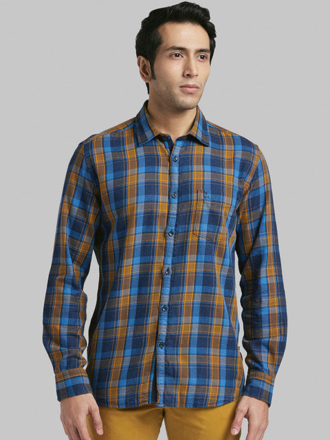 

Parx Men Blue & Mustard Slim Fit Checked Casual Shirt
