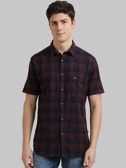 

Parx Men Brown & Navy Blue Slim Fit Checked Casual Shirt