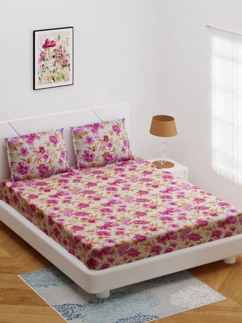 

BOMBAY DYEING Off-White & Pink Floral Print Double Bedsheet With 2 Pillow Covers