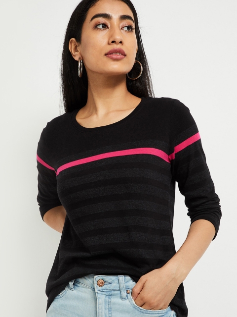 

max Women Charcoal Grey & Black Striped Round Neck T-shirt
