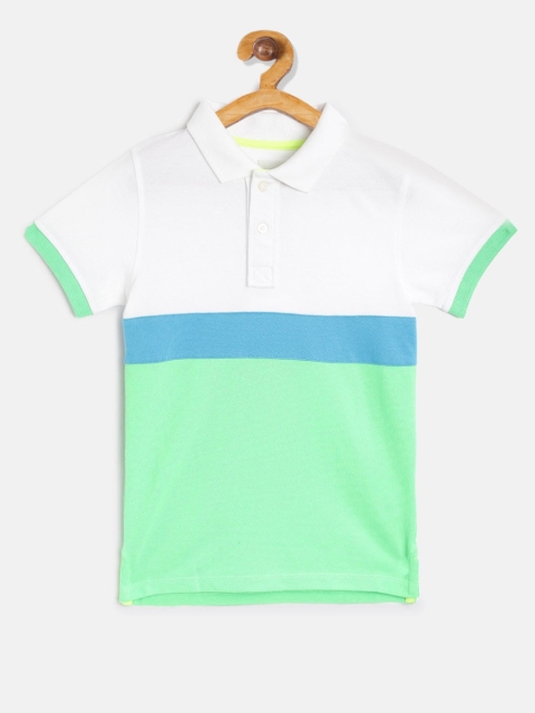 

Cherry Crumble Boys White & Green Colourblocked Polo Collar T-shirt