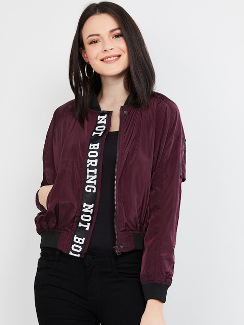 

max Women Purple Solid Bomber Jacket