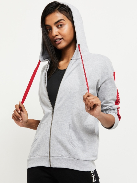 

max Women Grey Melange Solid Cotton Hooded Sweatshirt
