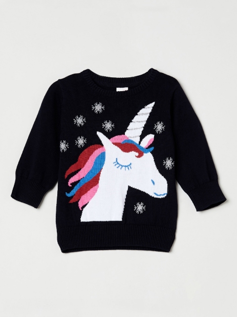 

max Girls Navy Blue & White Printed Cotton Pullover Sweater