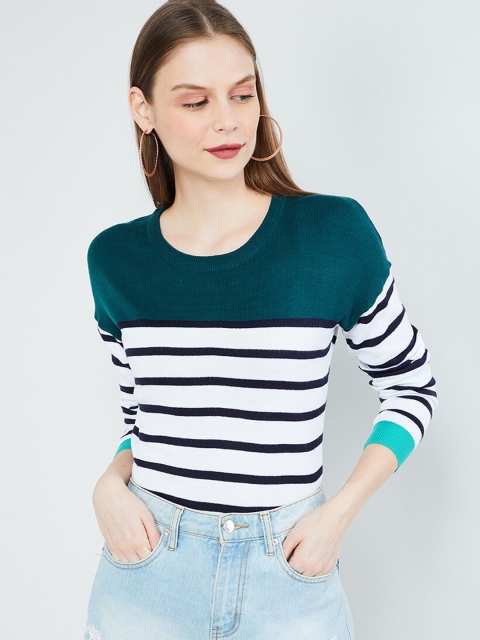 max Women Teal Green & White Striped Pullover Sweater