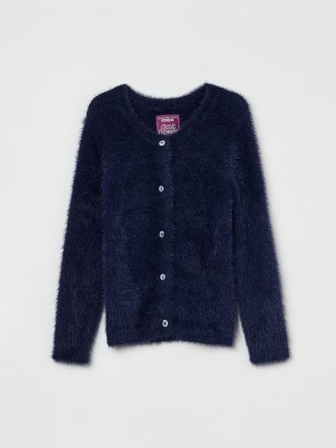 max Girls Navy Blue Self-Design Cardigan Sweater