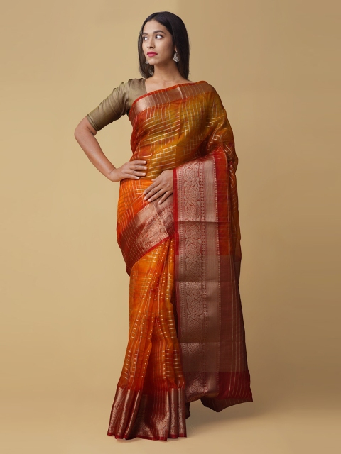 

Unnati Silks Orange & Red Silk Cotton Woven Design Banarasi Saree