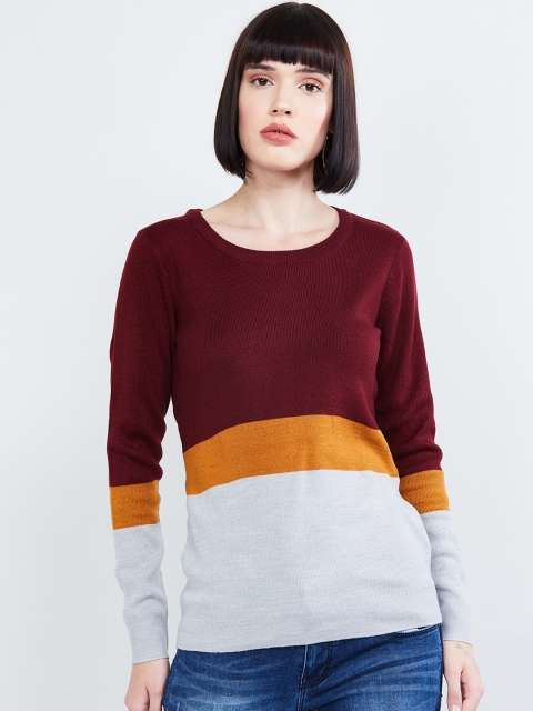 

max Women Maroon & Grey Colourblocked Pullover Sweater