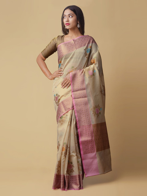 

Unnati Silks Cream-Coloured Silk Cotton Printed Banarasi Saree