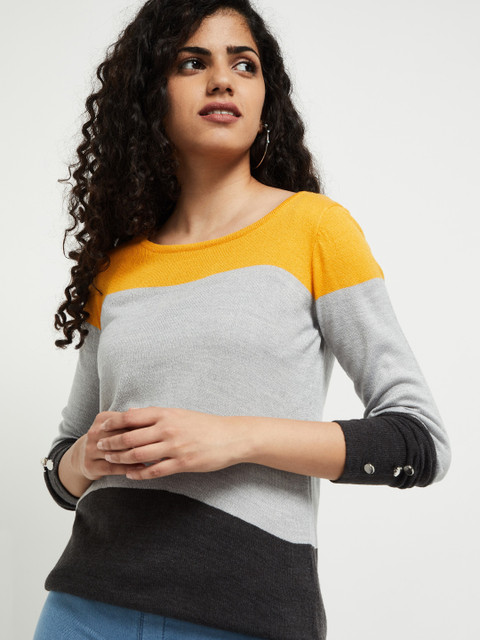

max Women Yellow Colourblocked Pullover Sweater