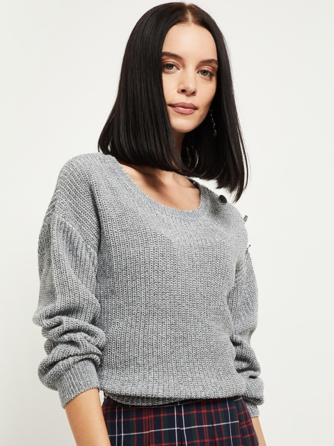 

max Women Grey Self Design Pullover Sweater