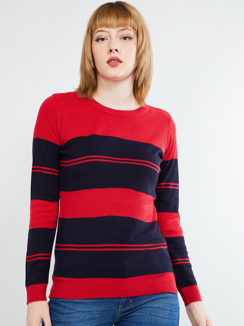 

max Women Red & Navy Blue Colourblocked Pullover Sweater