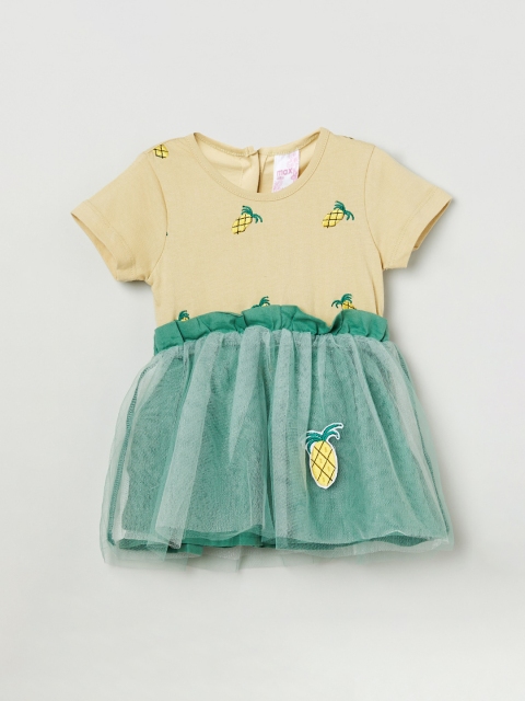 

max Girls Green & Beige Colourblocked Fit and Flare Dress