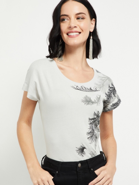 

max Women Grey Black Floral Print Round Neck Pure Cotton T-shirt