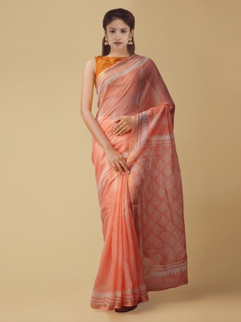 

Unnati Silks Orange Pure Cotton Printed Kota Saree
