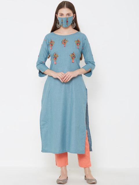 

FASHOR Women Blue Orange Embroidered Straight Kurta